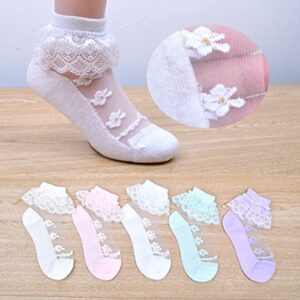 Hopply 5Pairs of Ruffle Pageant Frilly Socks for Toddler Girls Baby White Lace Ankle Dress Socks Summer Mesh Women Sock