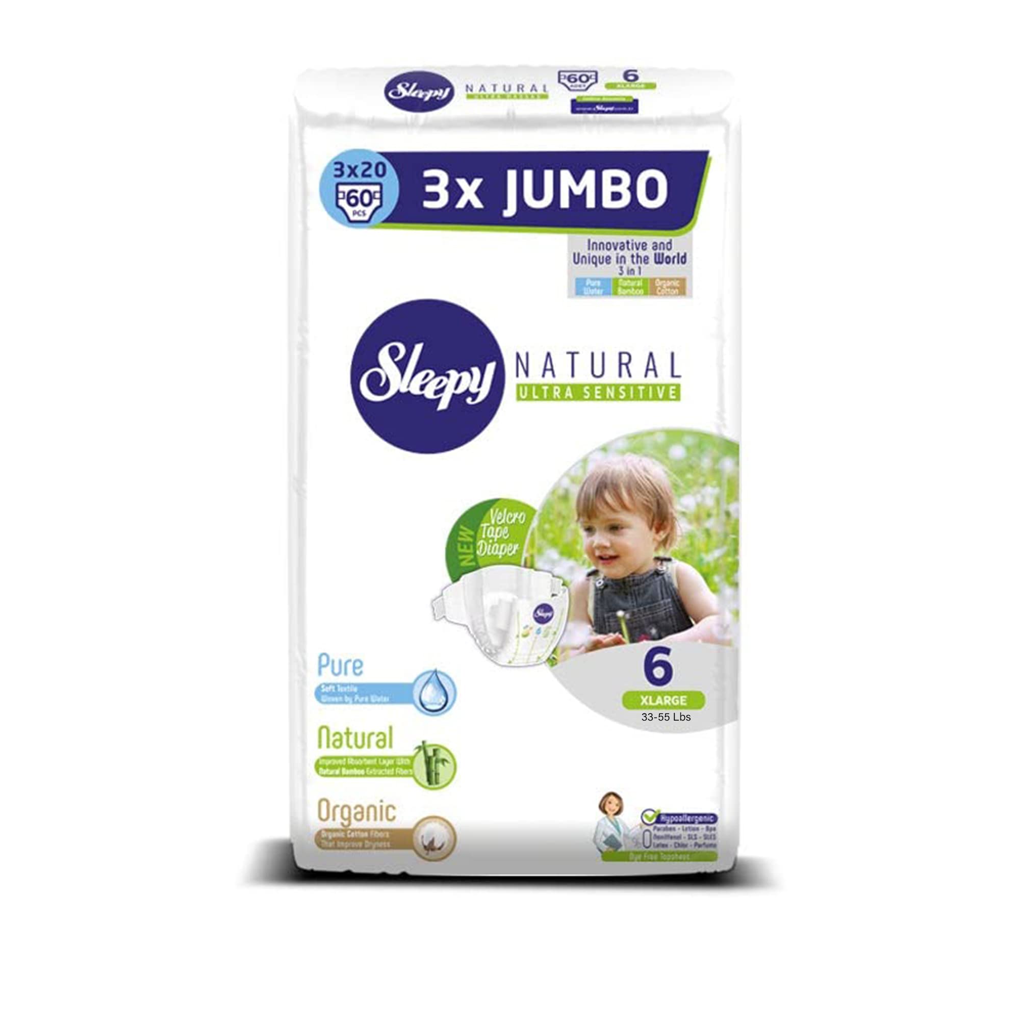 Sleepy 3X Jumbo Natural Baby Diapers, Made from Organic Cotton and Bamboo Extract, Ultimate Comfort and Dryness, 60 Count – Size 6 XL, Child Weight 33-55 lbs