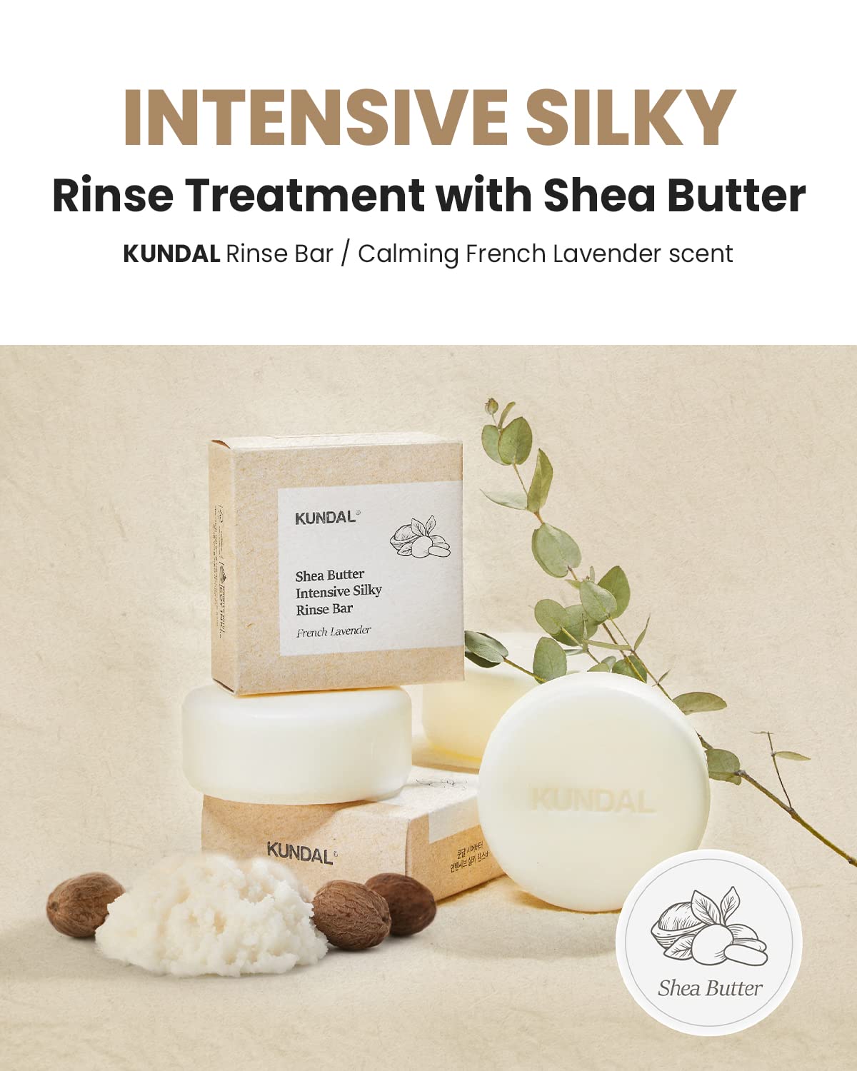 Kundal Shea Butter Intensive Silky hair Conditioner & Treatment Bar 100g, French Lavender, Hydraying, Nourishing Care for Damaged Hair, Compact Size, Zero Waste Design