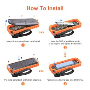 Qwiizlab Rugged M.2 SATA NVMe SSD Enclosure, USB 3.2 Type-C 10Gbps up to 8TB, Shock/Dust/Water Resistant, Fits 2280/2260/2242/2230 M-Key/(B+M) Key (Orange)