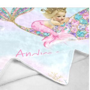 XOZOTY Personalized Mermaid Pink Girl Baby Blanket with Name Custom Baby Nursery Throw Fleece Blankets for Boys and Girls Birthday Tapestry 30 X 40inch