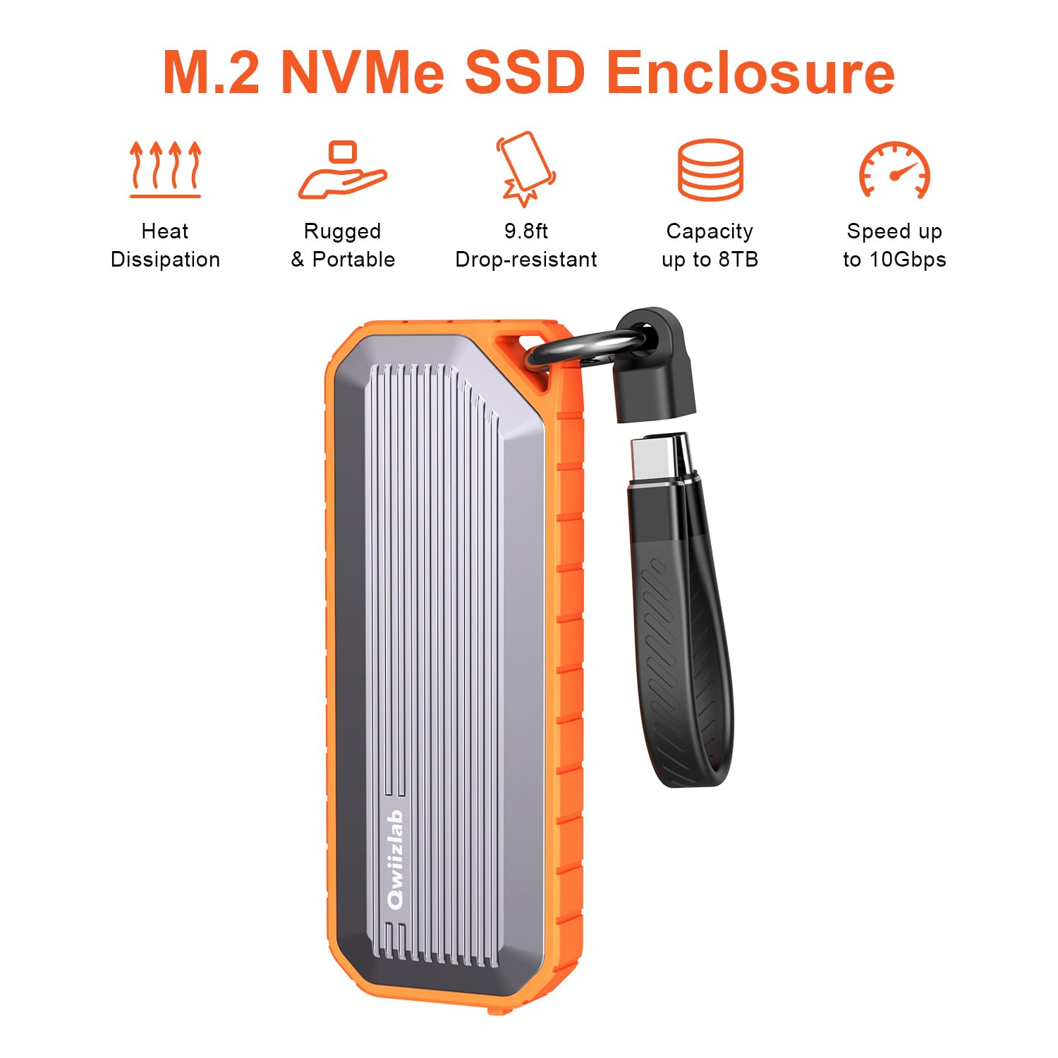 Qwiizlab Rugged M.2 SATA NVMe SSD Enclosure, USB 3.2 Type-C 10Gbps up to 8TB, Shock/Dust/Water Resistant, Fits 2280/2260/2242/2230 M-Key/(B+M) Key (Orange)