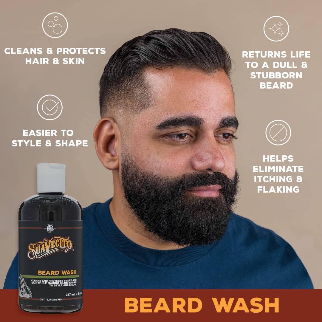 Suavecito Beard Wash Kit Men's Grooming & Cleansing Avocado Oil Shea Butter Olive Oil Nourishing Wash, Conditioner, Comb, Travel Bag