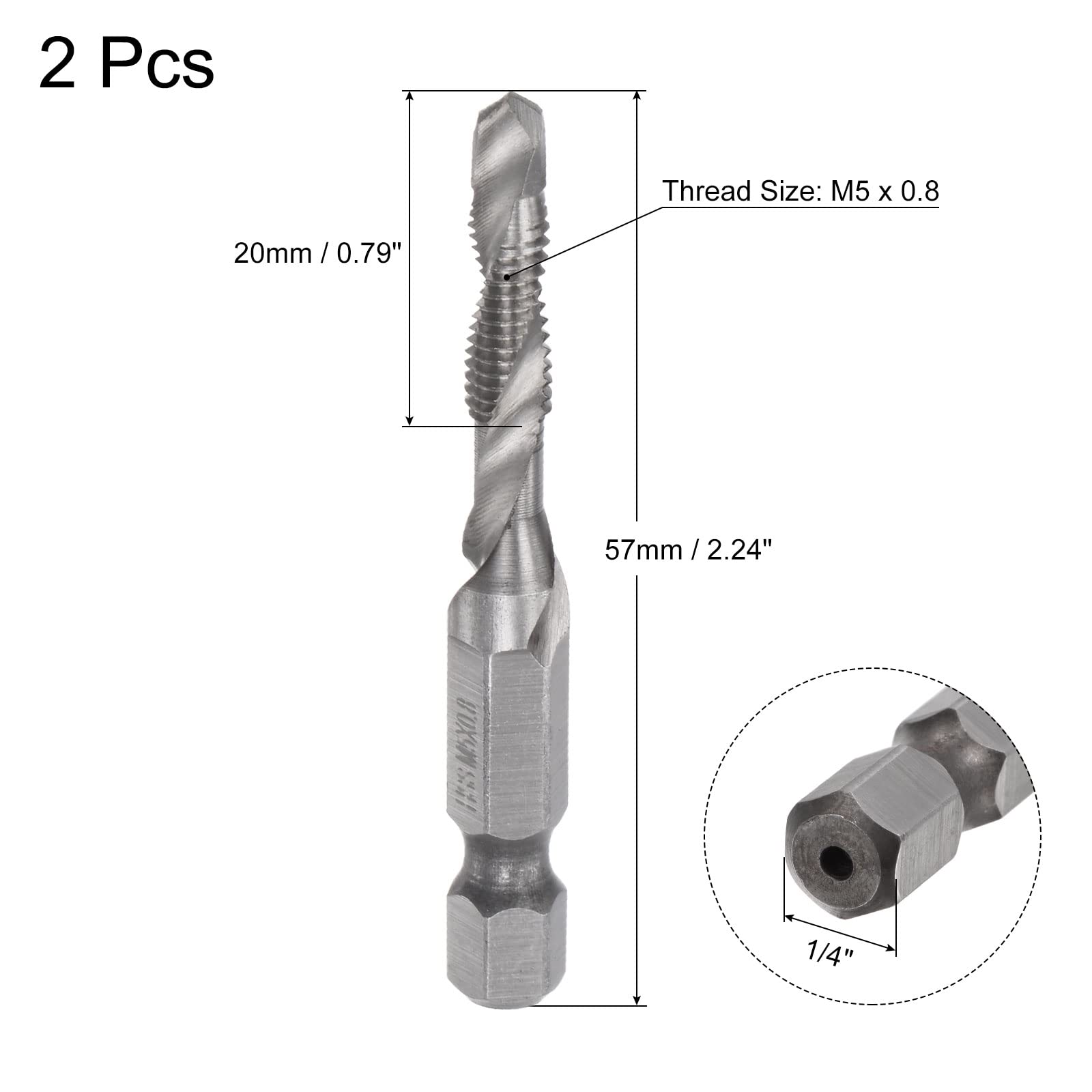 uxcell Combination Drill and Tap Bit, 1/4" Hex Shank M5 x 0.8 Metric Uncoated High Speed Steel 4341 Spiral Flute Drilling Tapping Tool 2pcs