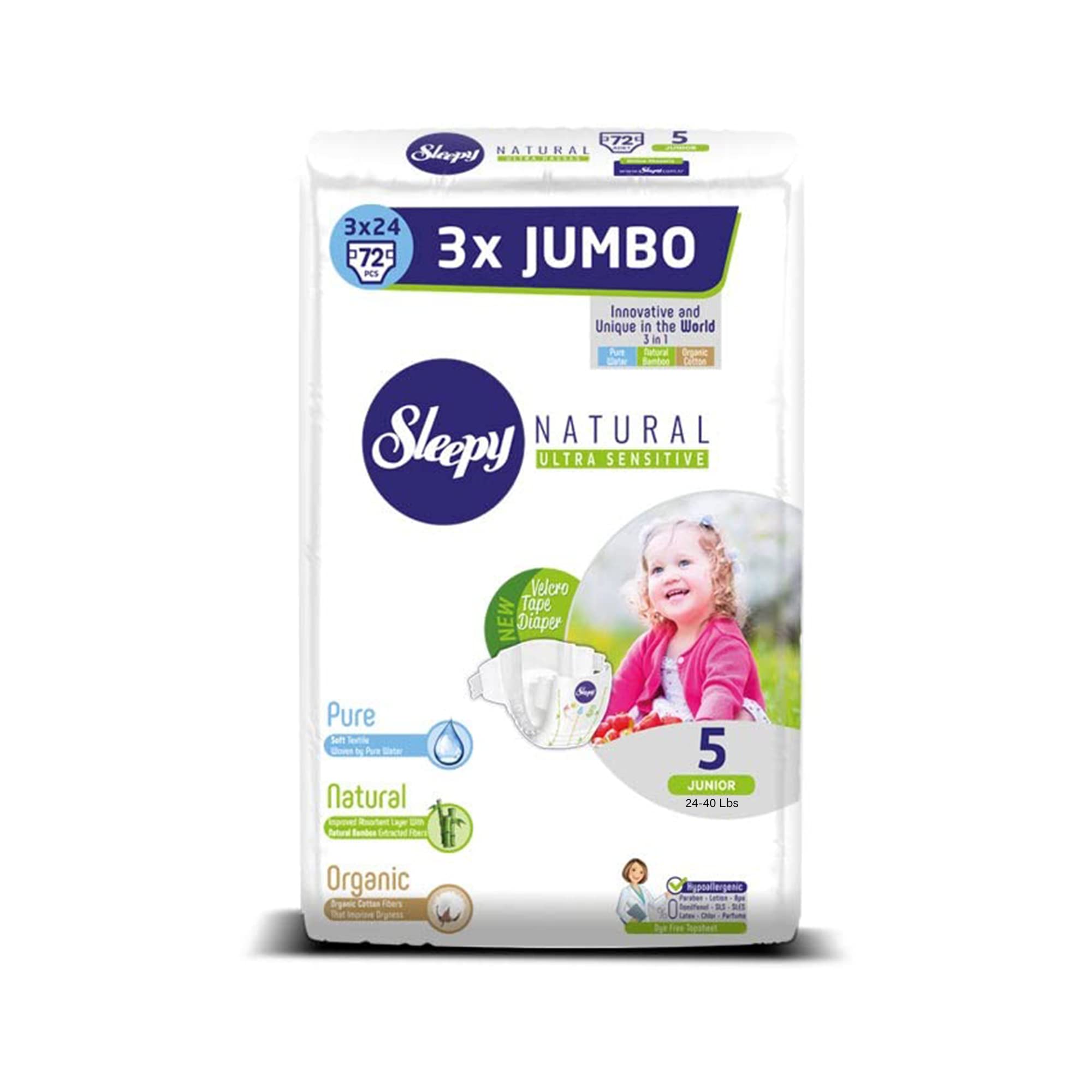 Sleepy 3X Jumbo Natural Baby Diapers, Made from Organic Cotton and Bamboo Extract, Ultimate Comfort and Dryness, 72 Count – Size 5 Junior, Child Weight 24-40lbs,|SOHO