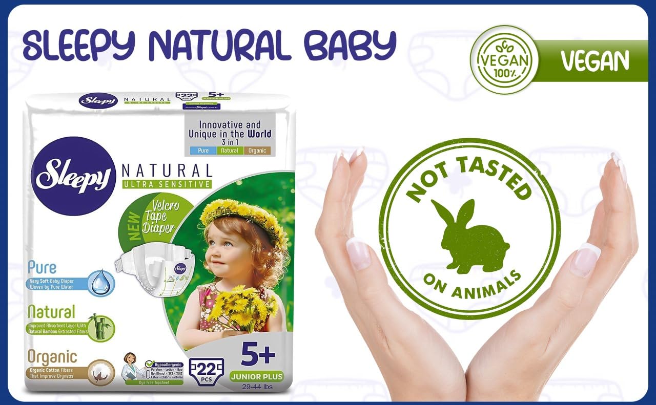 Sleepy 3X Jumbo Natural Baby Diapers, Made from Organic Cotton and Bamboo Extract, Ultimate Comfort and Dryness, 60 Count – Size 6 XL, Child Weight 33-55 lbs