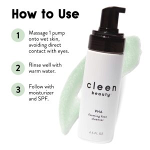 CLEEN BEAUTY PHA Foaming Face Cleanser | Foaming Facial Cleanser with PHA | Exfoliating Face Wash for Women | Gentle Cleanser - Paraben Free | Face Cleanser for Women | 4.5 Fl. Oz