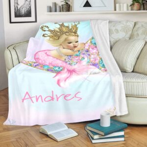 XOZOTY Personalized Mermaid Pink Girl Baby Blanket with Name Custom Baby Nursery Throw Fleece Blankets for Boys and Girls Birthday Tapestry 30 X 40inch