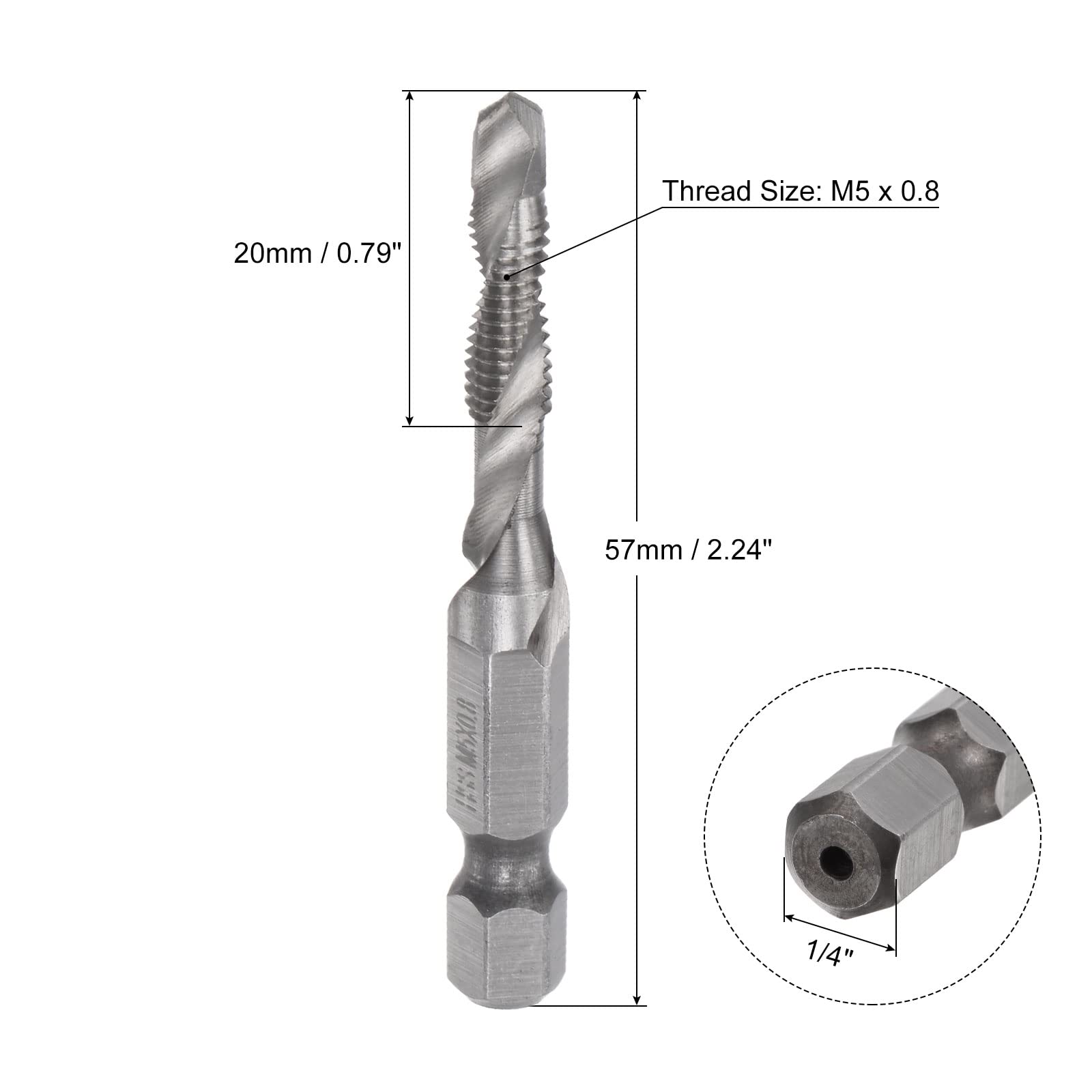 uxcell Combination Drill and Tap Bit, 1/4" Hex Shank M5 x 0.8 Metric Uncoated High Speed Steel 4341 Spiral Flute Drilling Tapping Tool