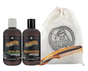 suavecito beard wash kit men's grooming & cleansing avocado oil shea butter olive oil nourishing wash, conditioner, comb, travel bag