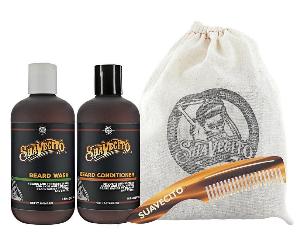 Suavecito Beard Wash Kit Men's Grooming & Cleansing Avocado Oil Shea Butter Olive Oil Nourishing Wash, Conditioner, Comb, Travel Bag