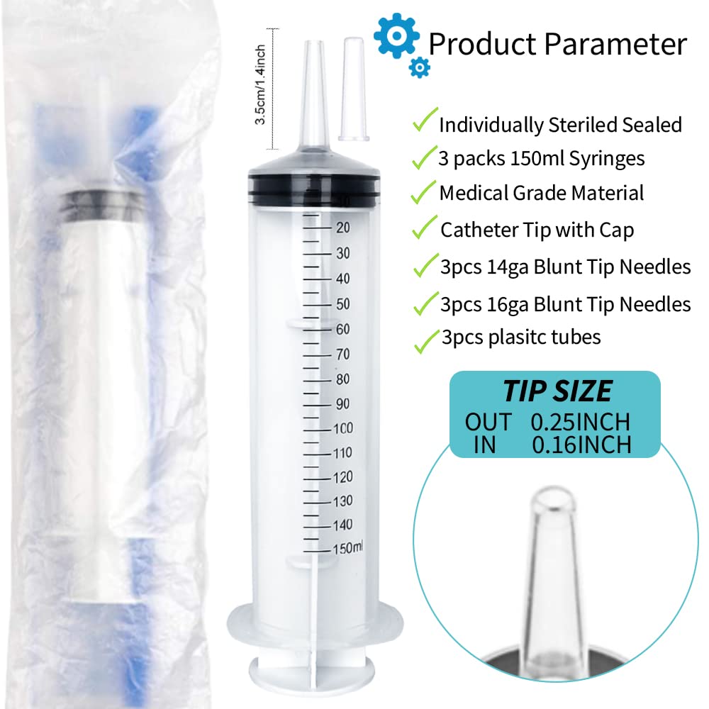 Large Syringes with Tube for Liquid 3 Pack 150ml Plastic Big Syringe with Blunt Needle and Tip Cap, Individual Sterile Sealed