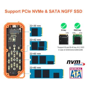 Qwiizlab Rugged M.2 SATA NVMe SSD Enclosure, USB 3.2 Type-C 10Gbps up to 8TB, Shock/Dust/Water Resistant, Fits 2280/2260/2242/2230 M-Key/(B+M) Key (Orange)