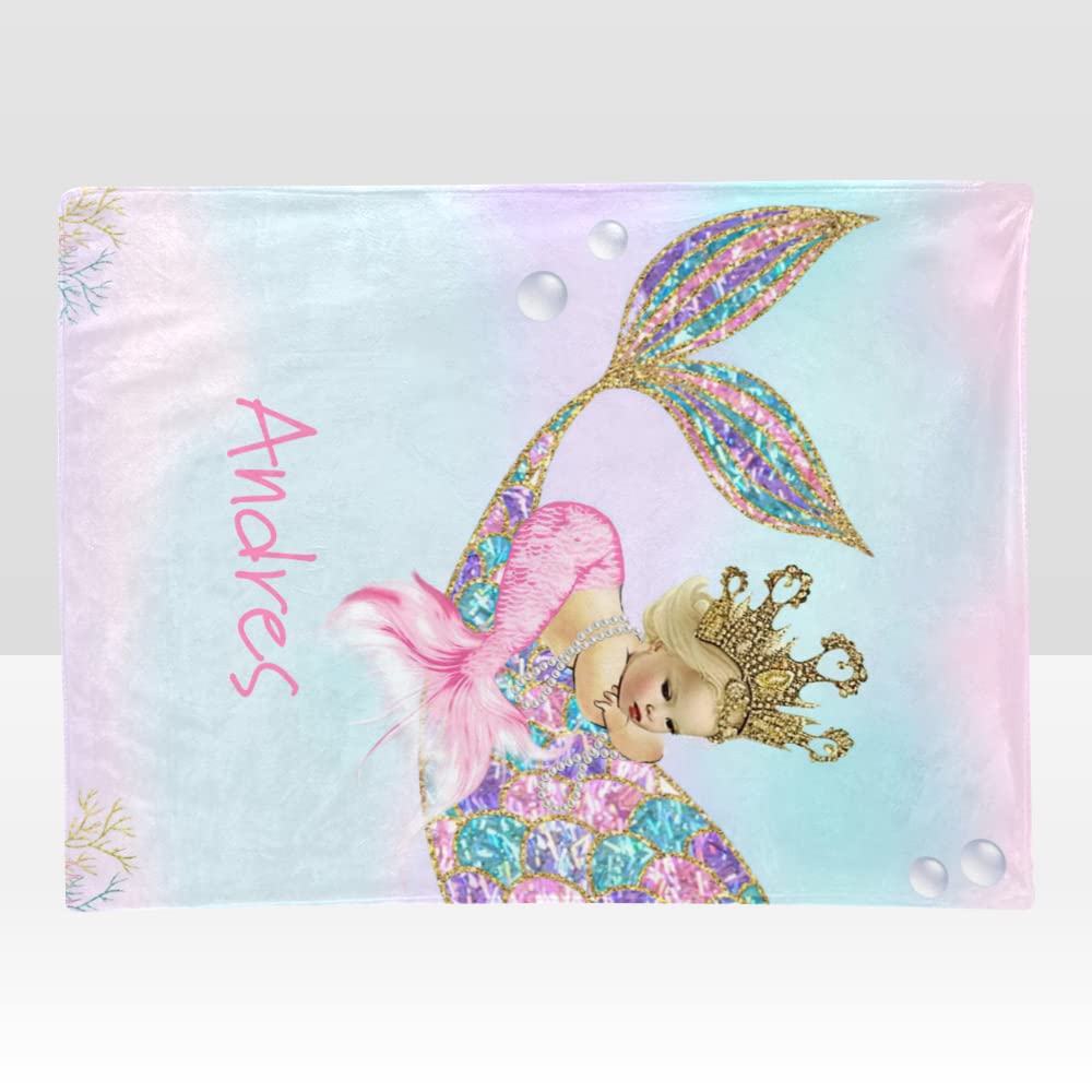 XOZOTY Personalized Mermaid Pink Girl Baby Blanket with Name Custom Baby Nursery Throw Fleece Blankets for Boys and Girls Birthday Tapestry 30 X 40inch