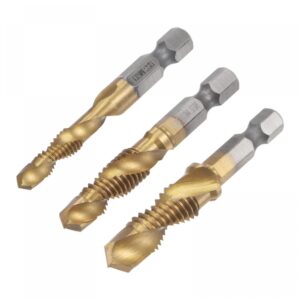 uxcell combination drill and tap bit set, m6 m8 m10 titanium coated high speed steel 4341 spiral flute drilling tapping tool 1/4" hex shank 3pcs