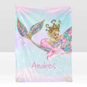 xozoty personalized mermaid pink girl baby blanket with name custom baby nursery throw fleece blankets for boys and girls birthday tapestry 30 x 40inch