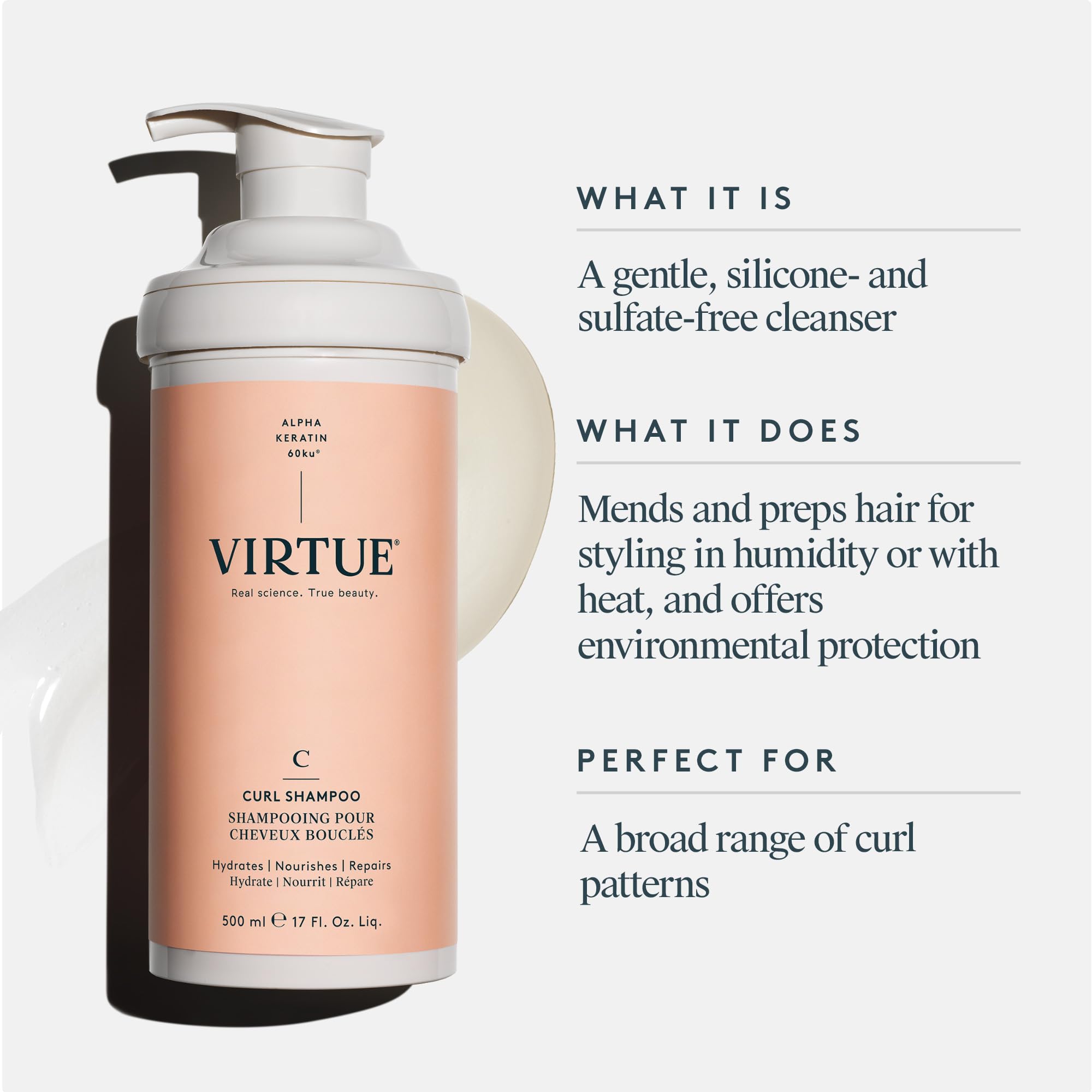 VIRTUE Curl Sulfate Free Shampoo with Jojoba Oil, Hydrates, Nourishes & Repairs Curly Hair with Frizz Control, Color Safe