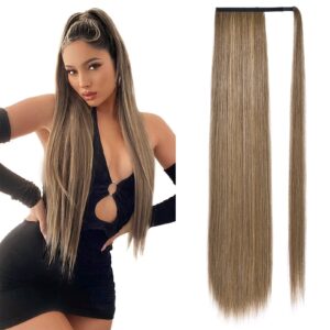 seikea long ponytail extension straight wrap around clip in ponytail hair extensions natural soft synthetic hairpiece for women 35 inch dark ash blonde with highlights