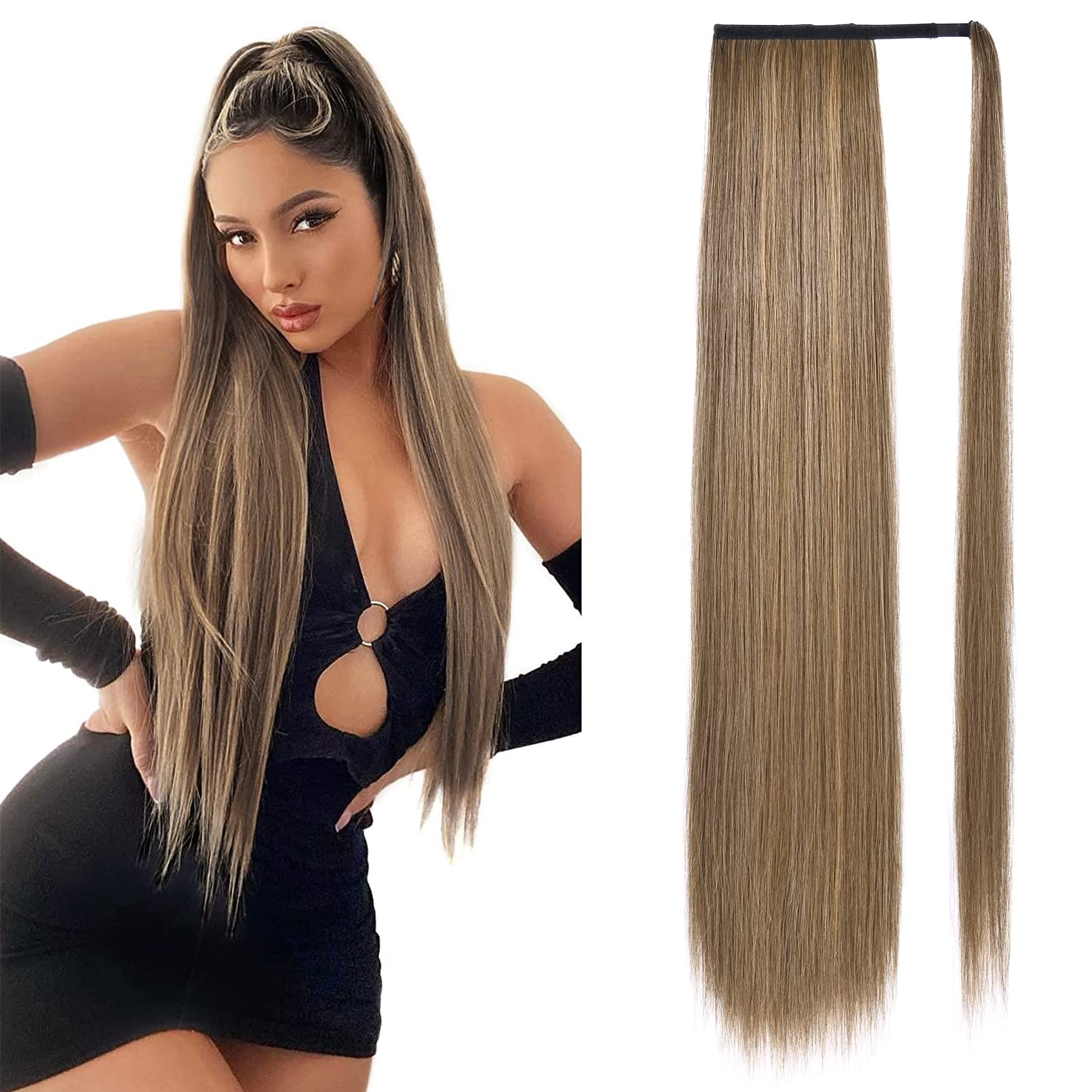 SEIKEA Long Ponytail Extension Straight Wrap Around Clip in Ponytail Hair Extensions Natural Soft Synthetic Hairpiece for Women 35 Inch Dark Ash Blonde with Highlights