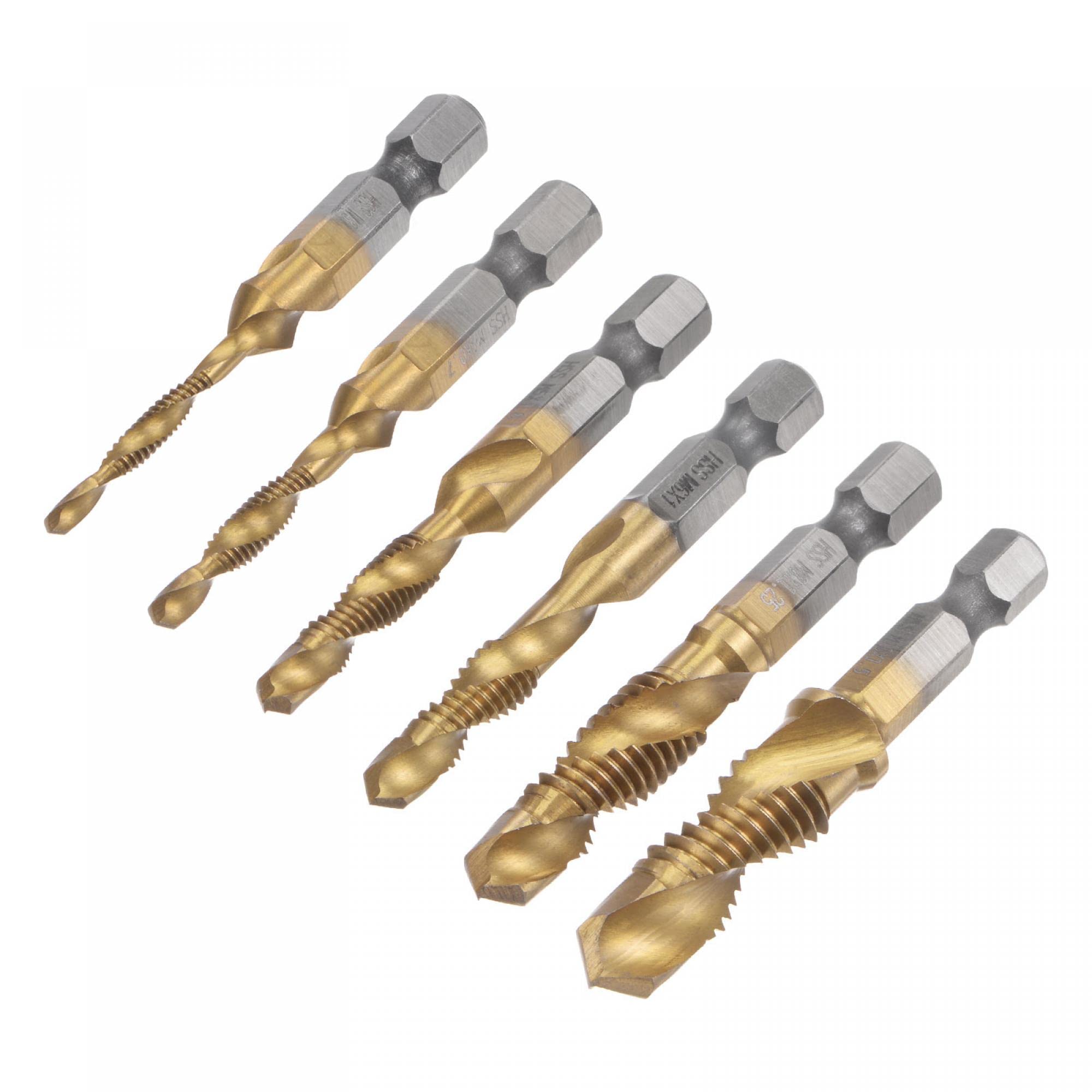 uxcell Combination Drill and Tap Bit Set, M3 M4 M5 M6 M8 M10 Titanium Coated High Speed Steel 4341 Spiral Flute Drilling Tapping Tool 1/4" Hex Shank 6pcs