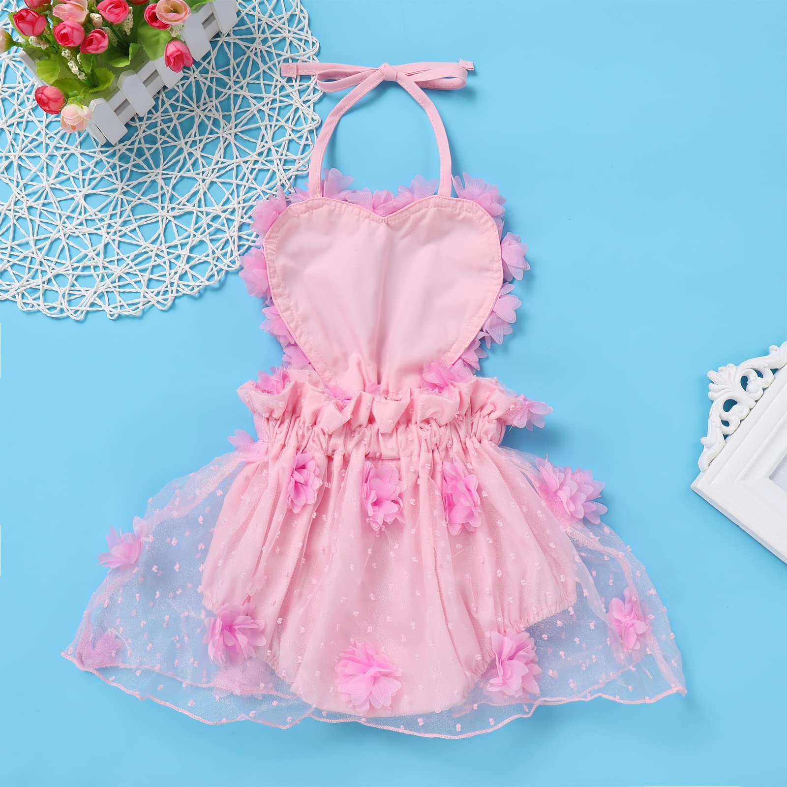 ODASDO Baby Girl's First Birthday Cake Smash Outfit Lace Romper Tutu Tulle Dress with Headband 2pcs Clothes Set, Pink Flower, 12-18 Months