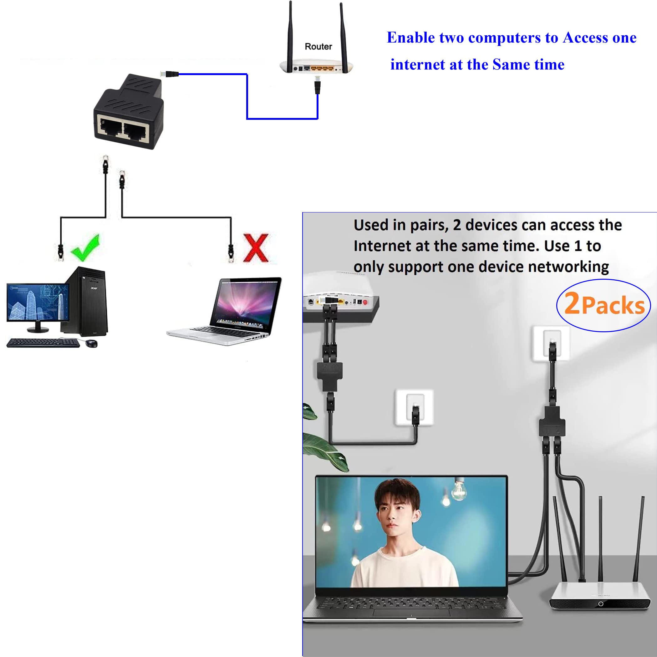 ZUYOOK Ethernet Cable RJ45 Splitter Adapter 1 to 2 Double Contact Modular Plug Connect(Can't Run Both at The Same TIME) LAN Network Internet Splitter 1 to 2 for Cat 5/6/7 Cable（2 Pack）