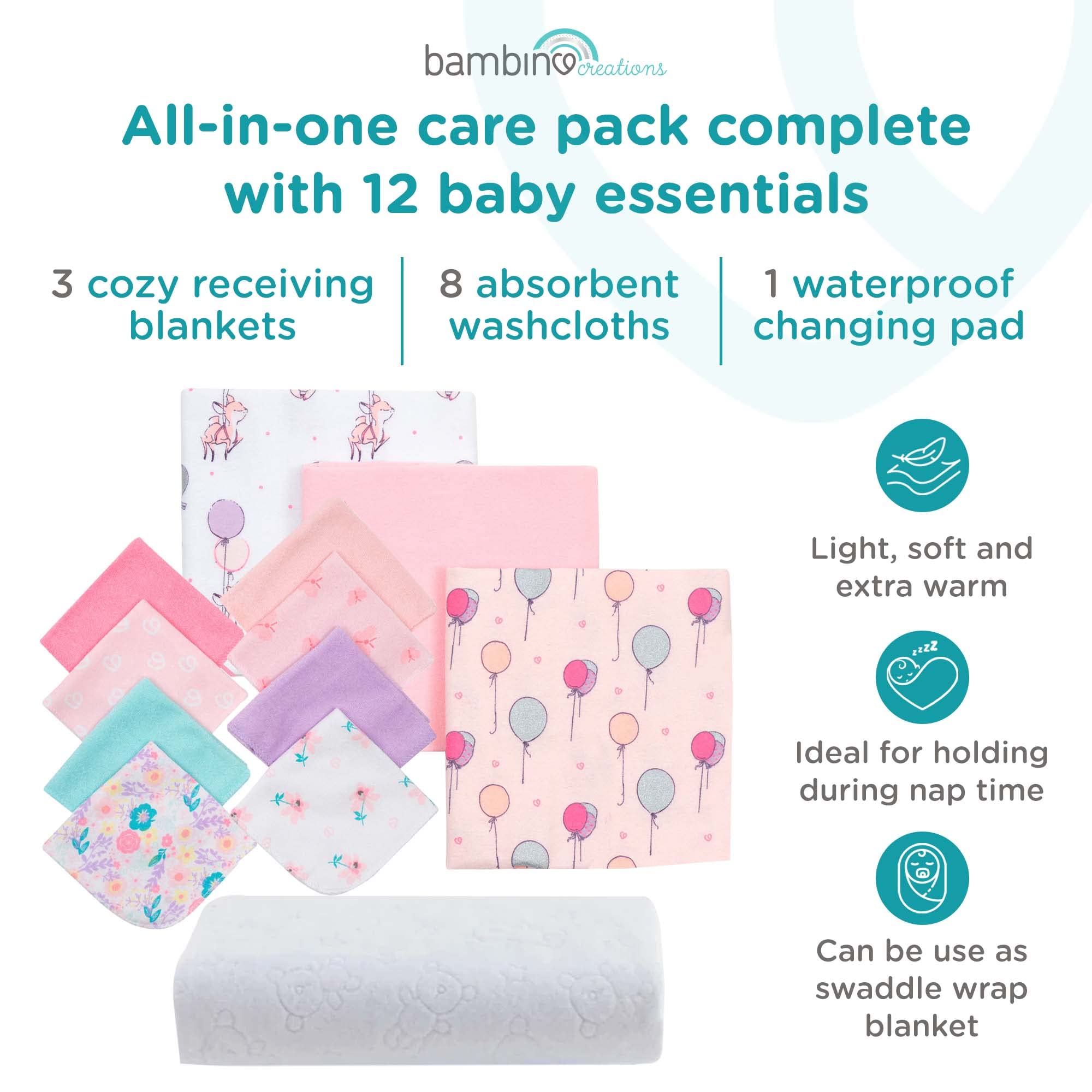 Baby Girl Newborn Essentials Must Haves 12pcs Light Pink Baby Shower Gifts-Receiving Blankets and Baby Bath Essentials Newborn Kit, Newborn Bath Essentials-Machine and Dryer Safe by BAMBINO CREATIONS