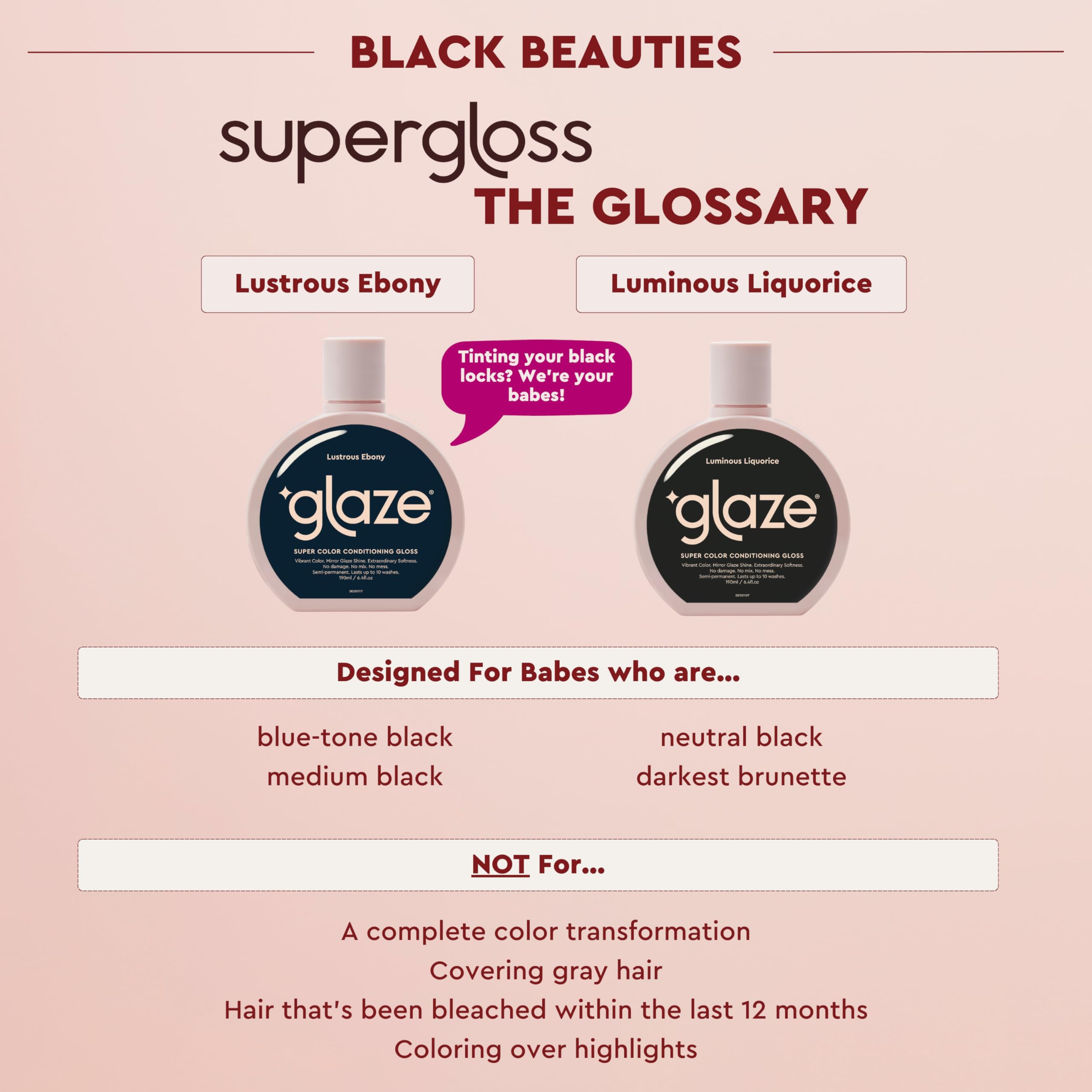 Glaze Super Gloss Color Conditioning Hair Gloss – Like a Tinted Moisturizer for Dark Brown/Black Hair – Boosts Color, Repairs the Look of Damage & Adds Mirror Shine – Lustrous Ebony, 6.4 oz