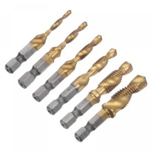 uxcell Combination Drill and Tap Bit Set, M3 M4 M5 M6 M8 M10 Titanium Coated High Speed Steel 4341 Spiral Flute Drilling Tapping Tool 1/4" Hex Shank 6pcs