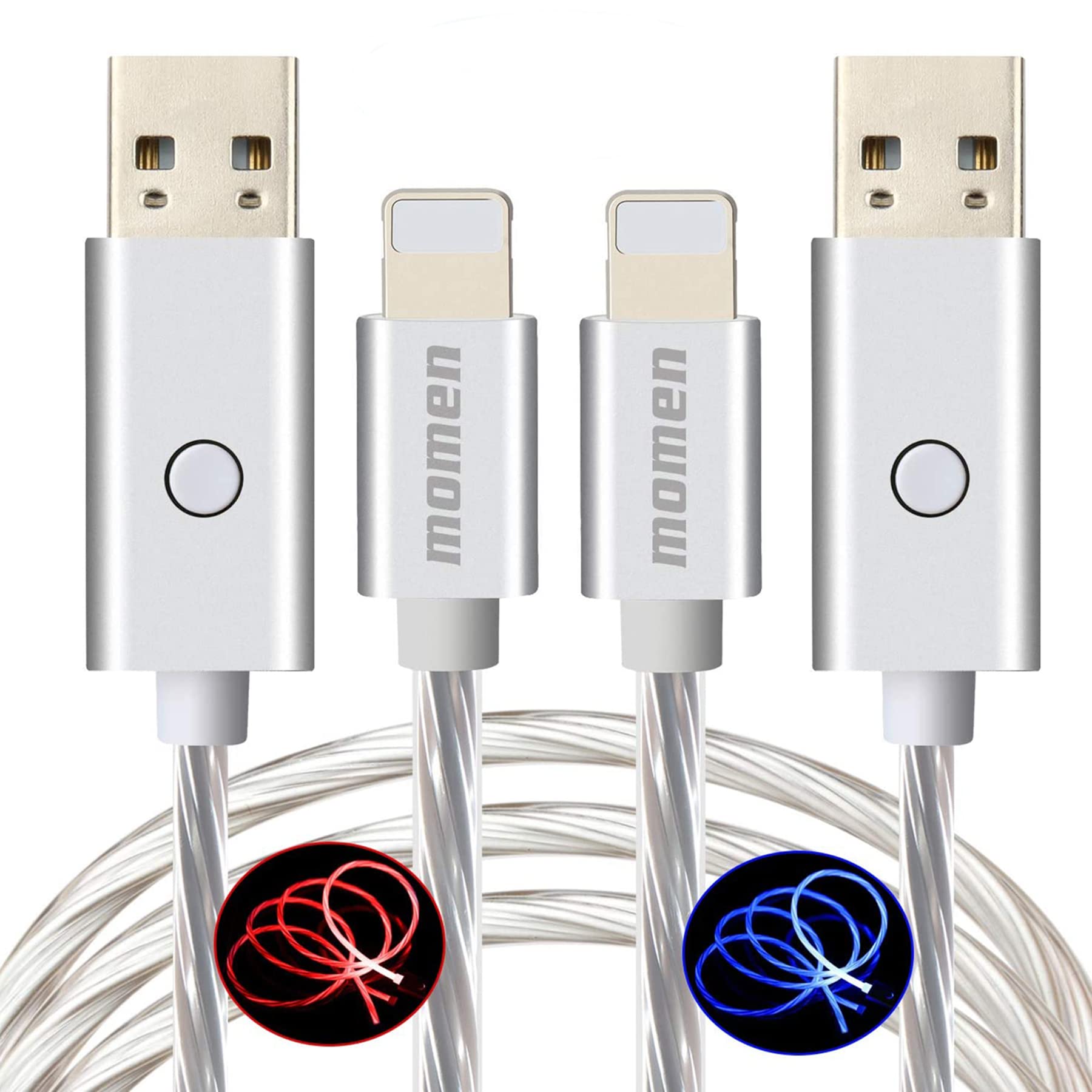 momen iPhone Charger Lighting Cables, 10ft Light Up Charging Cord with Switch Button for iPhone 14/13/12/11/X/8/7/6, iPad pro & More,LED Lighted USB Car Cable 2 Packs(Blue+Red)