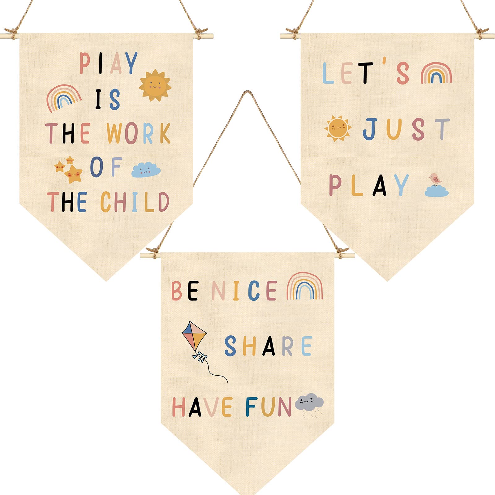 3 Pcs Play Sign Hanging Canvas Banner Flags Nursery Wall Play Sign Decor Let's Just Play Wall Banner Rainbow Pin Banner Nursery Room Banner Boho Nursery Wall Decor playroom Decor for Kids Girls Boys