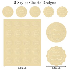 Cindeer 200 Pcs You're Invited Round Embossed Gold Foil Envelope Seals Self Adhesive Invited Foil Sticker for Wedding Invitations Envelopes Greeting Cards Present Decoration