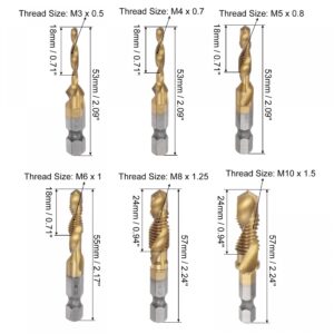 uxcell Combination Drill and Tap Bit Set, M3 M4 M5 M6 M8 M10 Titanium Coated High Speed Steel 4341 Spiral Flute Drilling Tapping Tool 1/4" Hex Shank 6pcs