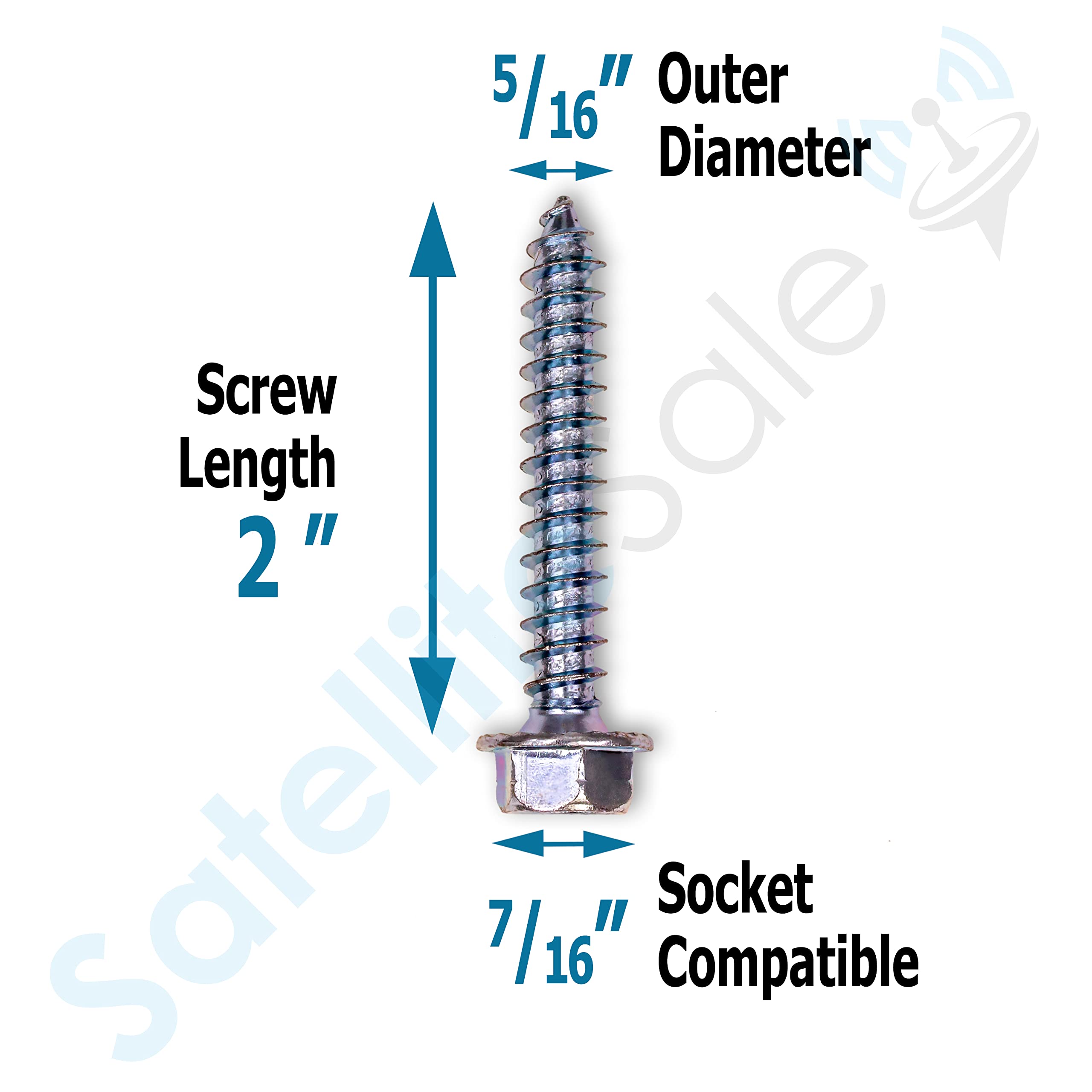 SatelliteSale General Purpose 5/16" Outer Diameter X 2" Long 7/16" Hex Head Lag Bolt Zinc Plated Screws