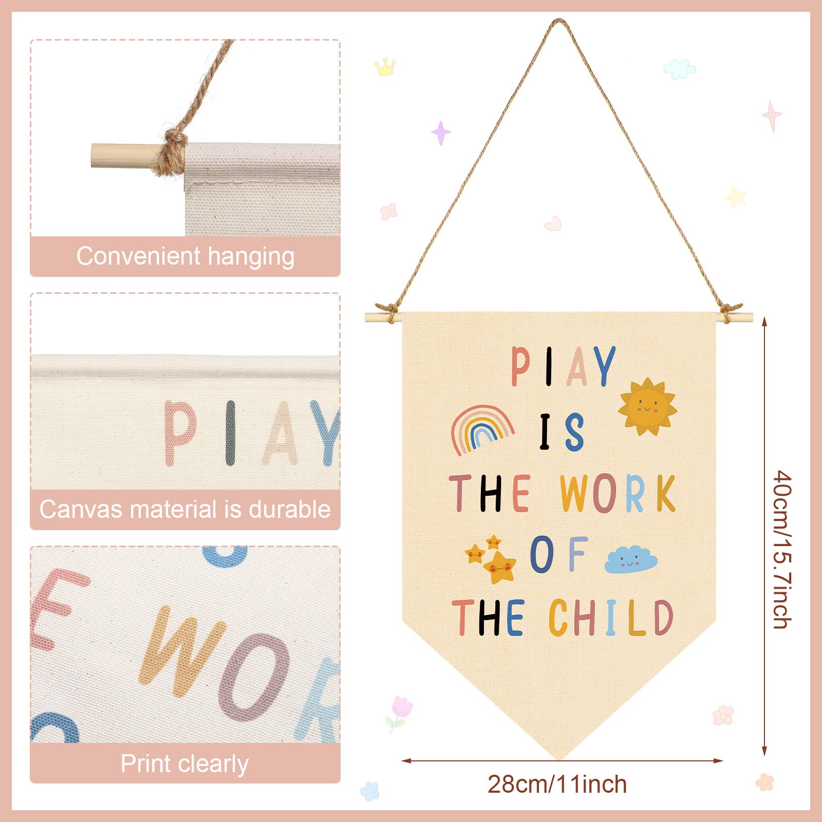 3 Pcs Play Sign Hanging Canvas Banner Flags Nursery Wall Play Sign Decor Let's Just Play Wall Banner Rainbow Pin Banner Nursery Room Banner Boho Nursery Wall Decor playroom Decor for Kids Girls Boys