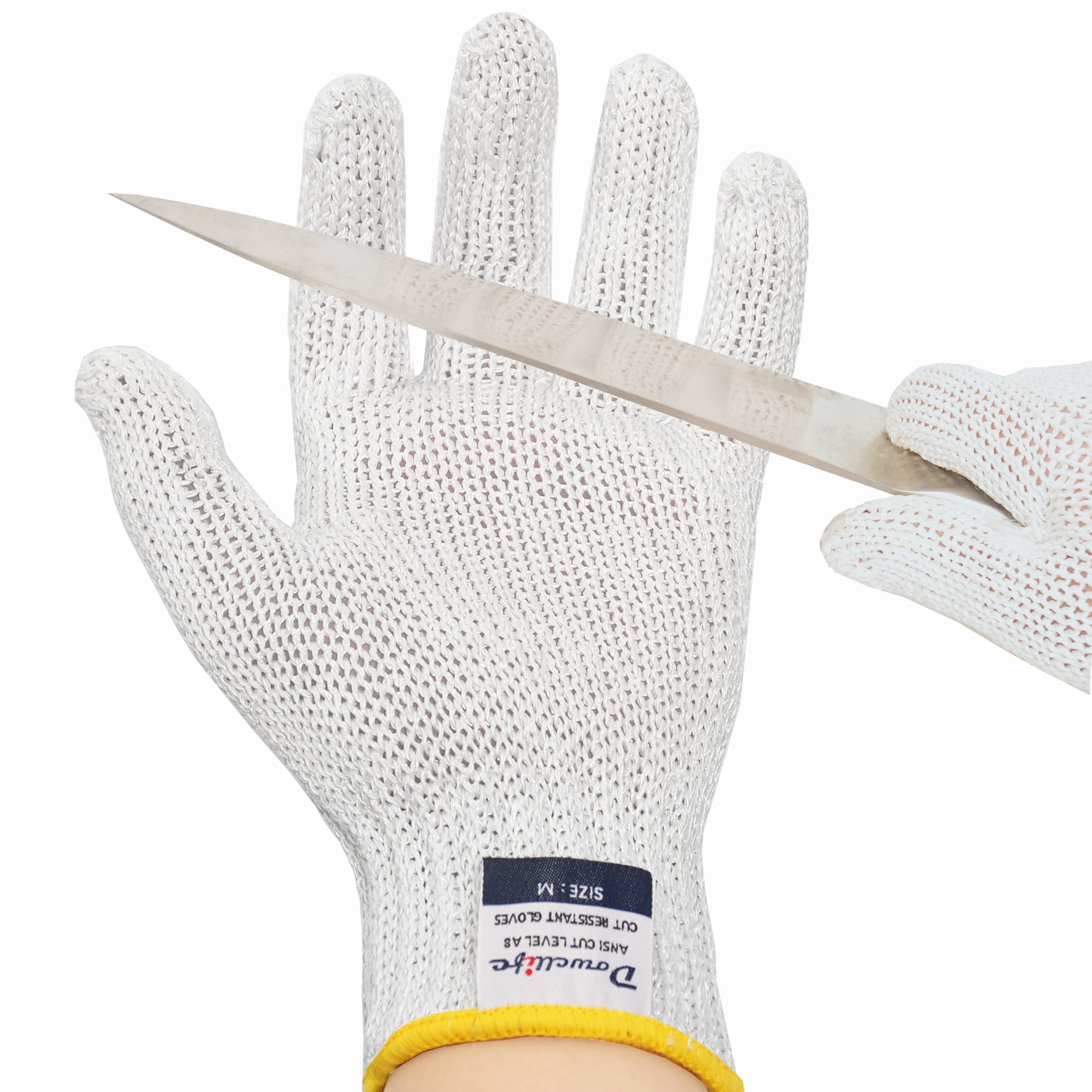 Dowellife Level 8 Reinforced Cut Resistant Gloves, Food Grade, White, Medium