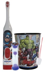 disney captain america 3pc oral care bundle with matching battery powered toothbrush, 2-minute timer, rinse cup and more