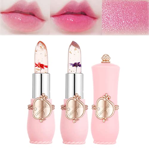 paminify 2pcs Jelly Clear Crystal Flower Magic Lipstick Color Changing Tinted Lip Balm Nourishing Moisturizing Lip Stick labial magicos