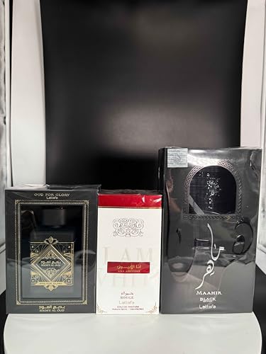 Lattafa Fakhar 3-Piece Set for Unisex, (3.4 Oz Bade'e Al Oud For Glory+ 3.4 Oz Ana Abiyedh Rouge + 3.4 Oz Maahir Black Edition)