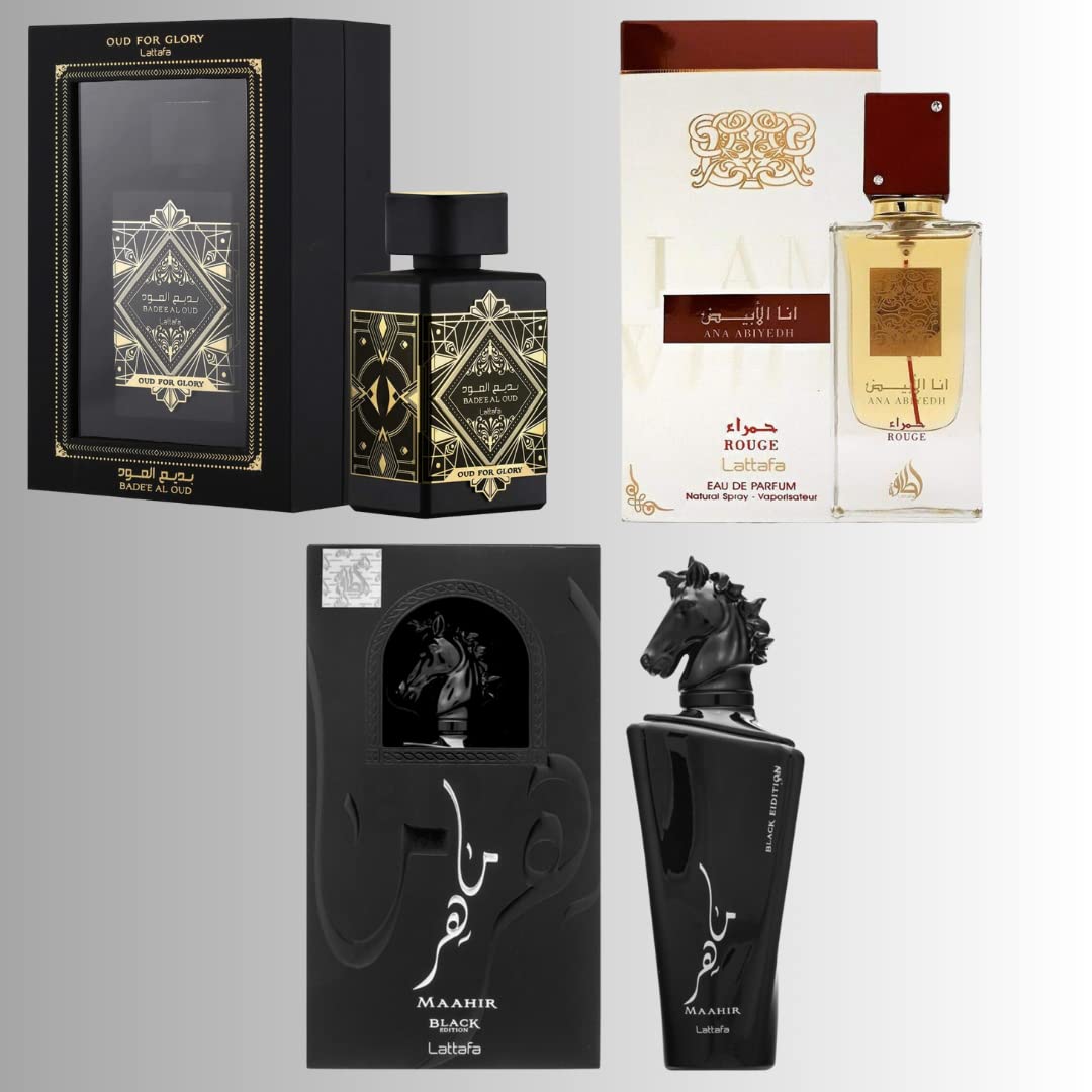 Lattafa Fakhar 3-Piece Set for Unisex, (3.4 Oz Bade'e Al Oud For Glory+ 3.4 Oz Ana Abiyedh Rouge + 3.4 Oz Maahir Black Edition)