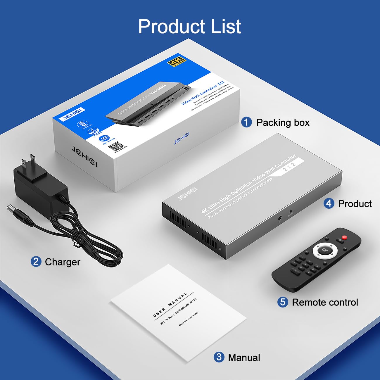 Video Wall Controller 2X2,JCHICI TV Wall Processor,4K x 2K HD Display,180 Degree Rotate,8 Splicing Modes 2x2,1x2,1x3,1x4,2x1,3x1,4x1,Input 4K and Output 1080P,Streaming Media Video Device