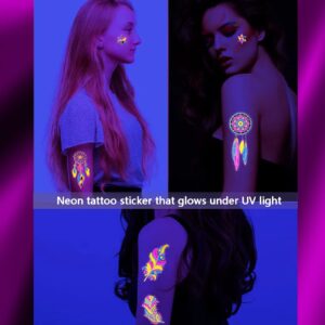 Neon Metallic Gold Temporary Tattoos Glow In The Dark UV Neon Tattoos Stickers 80 Glitter Styles Mandalas Feather Elephants Horns Party Decoration for Adults Kids