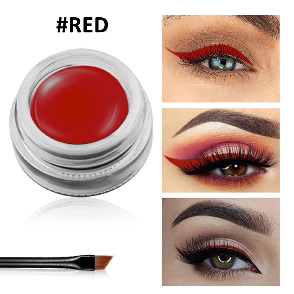 Erinde Red Gel Eyeliner, Waterproof Long Lasting Cream Eyeliner Gel Pot, High-Intensity Pigments Smudge-Proof Eye Liner Makeup, Water-Resistant Eyeliner with 2PCS Brushes 12# Red