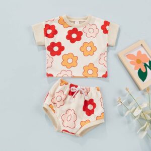 LIOMENGZI Baby Girl Shorts Outfit Flower Print Tank Top Drawstring Bloomer Set Toddler Girl Summer Clothes (Orange, 12-18 Months)