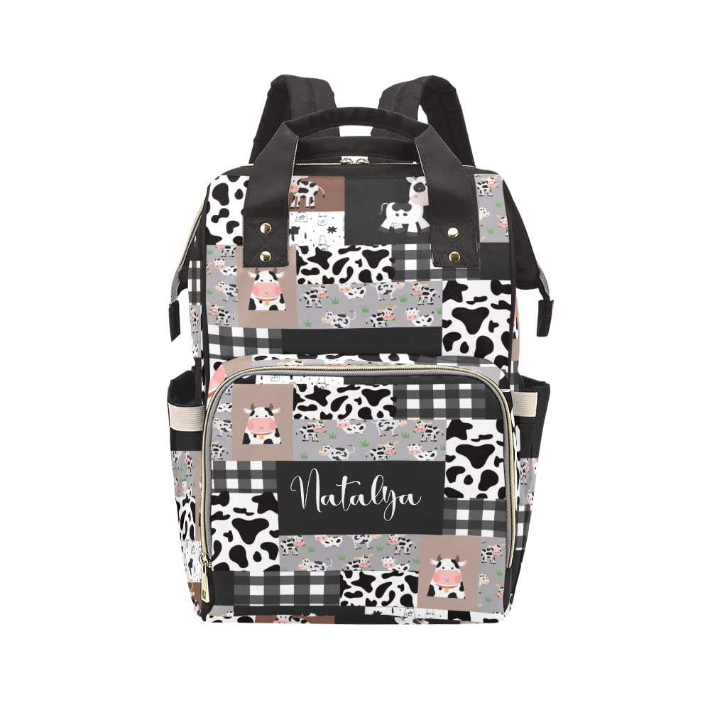 Liveweike Cow Print Patchwork Personalized Diaper Bag Backpack Custom Name Daypack Large Mommy Bag for Adults Girl Boy Student Option 3