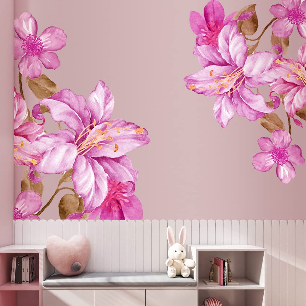 Giant Pink Flowers Wall Decals Lily Floral Wall Stickers DIY Removable Large Peach Blossom Brown Leaf Wall Art Decor for Kids Girls Bedroom Living Room Nursery Playroom Office Decoration DT-129