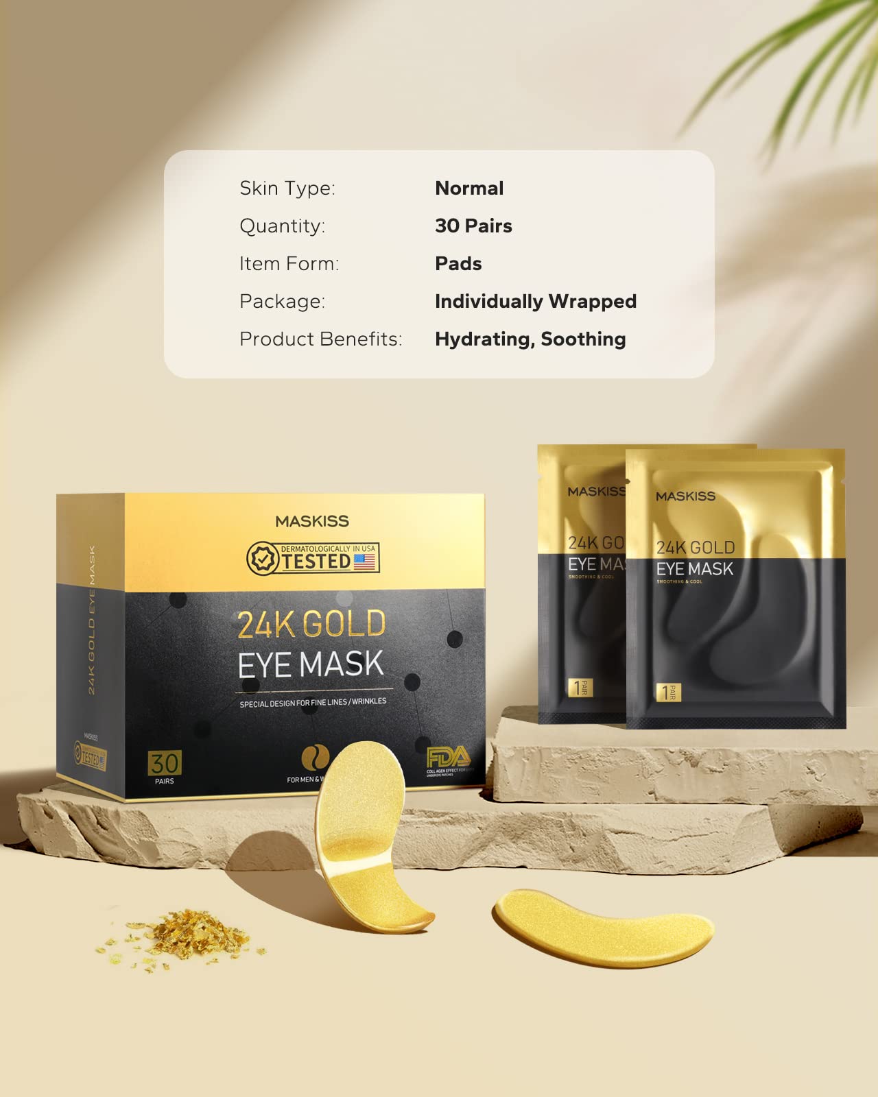 Maskiss 24k Gold Under Eye Patches (30 Pairs), eye mask, Collagen Skin Care Products, Eye Patches for Puffy Eyes, eye masks for dark circles and puffiness