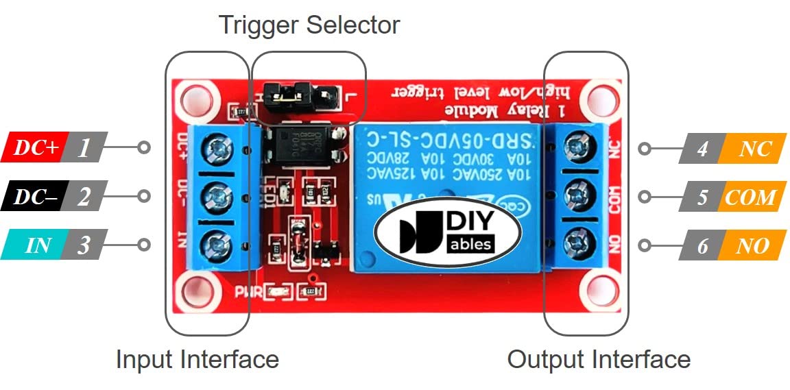 DIYables 3pcs Relay Module for Arduino, ESP32, ESP8266, Raspberry Pi, 1 Channel, 5V, High/Low Level Trigger