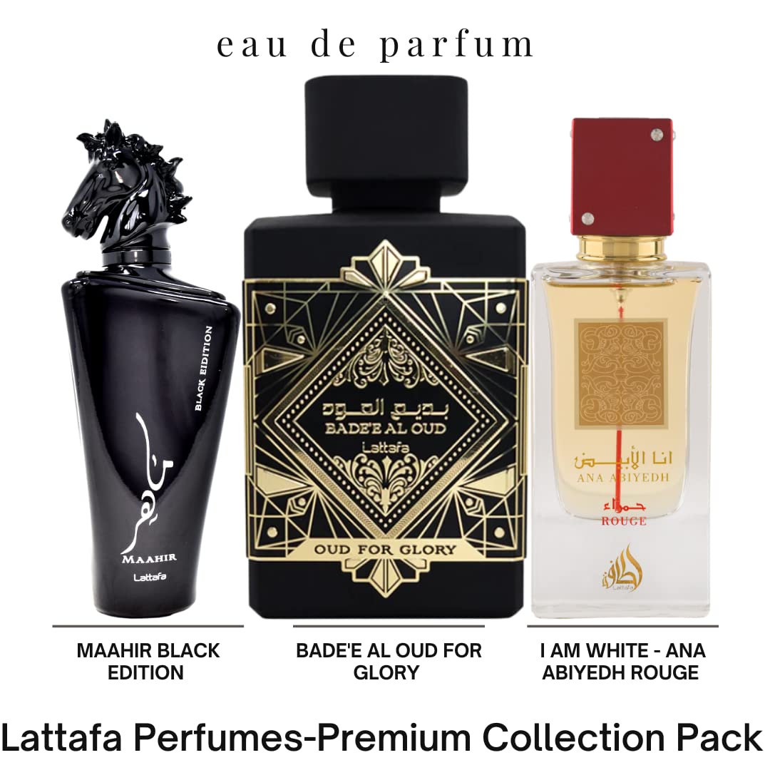 Lattafa Fakhar 3-Piece Set for Unisex, (3.4 Oz Bade'e Al Oud For Glory+ 3.4 Oz Ana Abiyedh Rouge + 3.4 Oz Maahir Black Edition)