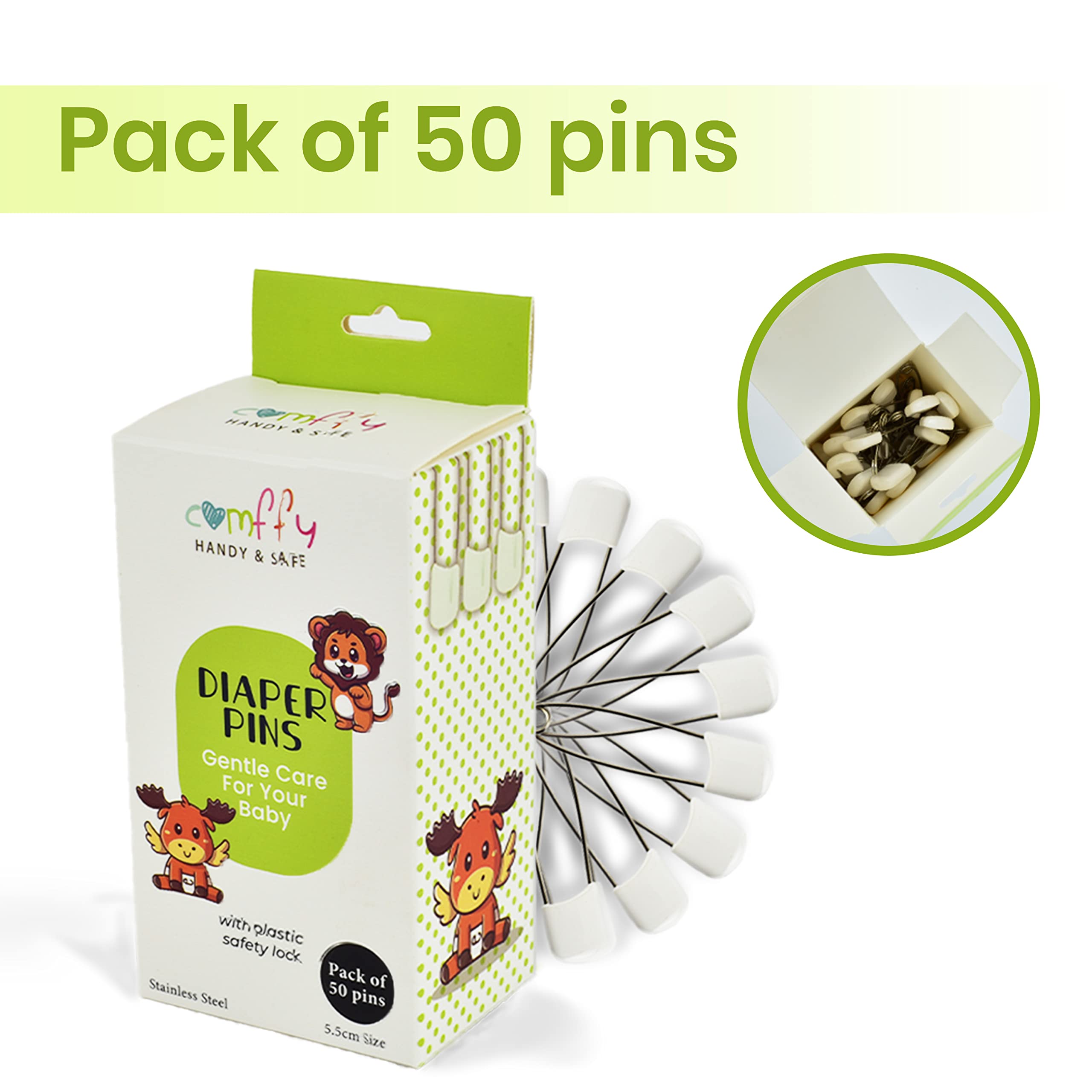 Comffy 50 PCS Diaper Pins - Stainless Steel Pins with Plastic Safety Lock, Large Nappy Pins with White Plastic Heads, 5.5cm x 1.1cm - Safety Pins for Baby Cloth Diapers